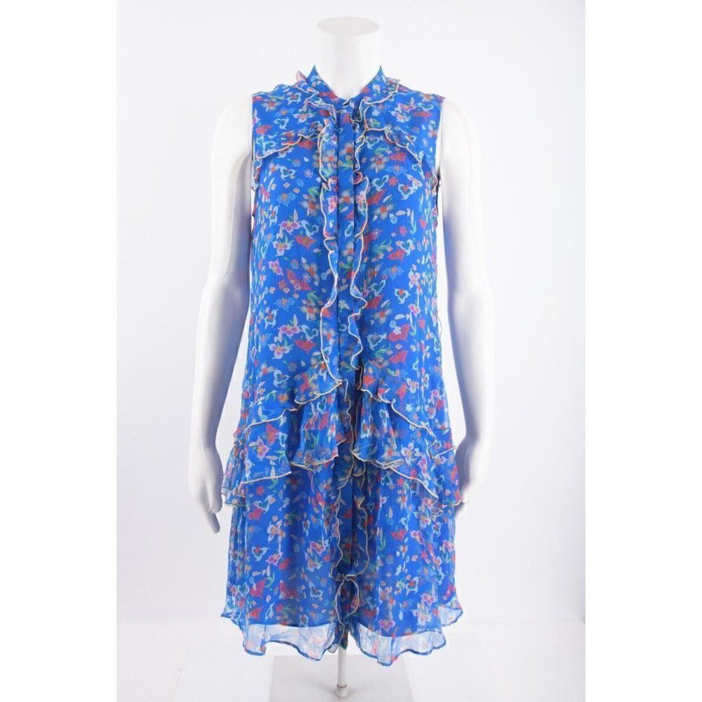 Saloni Women Ruffle Silk Tilly Dress UK 12 US 8 EU 40 Blue Floral Sleeveless NWT